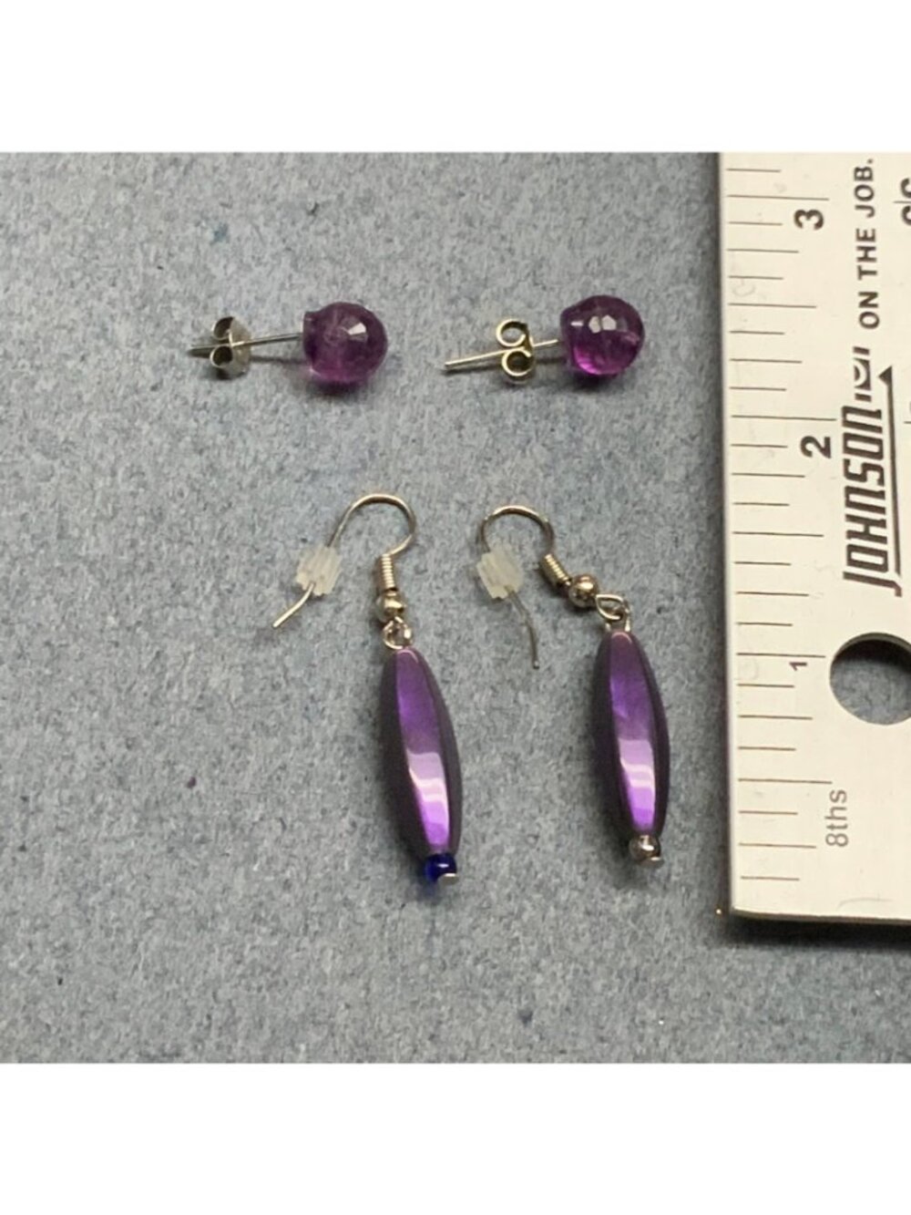 Faceted Stud Dangle Earrings As Is Lot Purple Silver Translucent Retro Vintage - Picture 6 of 6